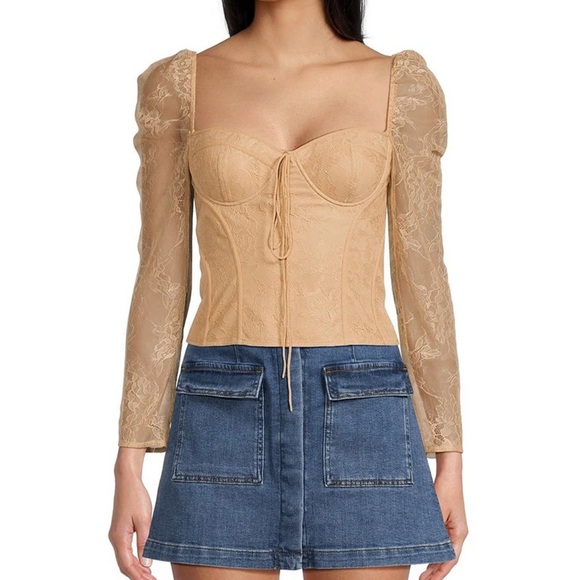 Chelsea & Violet Tops - Laura Woven Lace Sweetheart Neck Tie Front Long Sleeve Fitted Blouse Biscuit